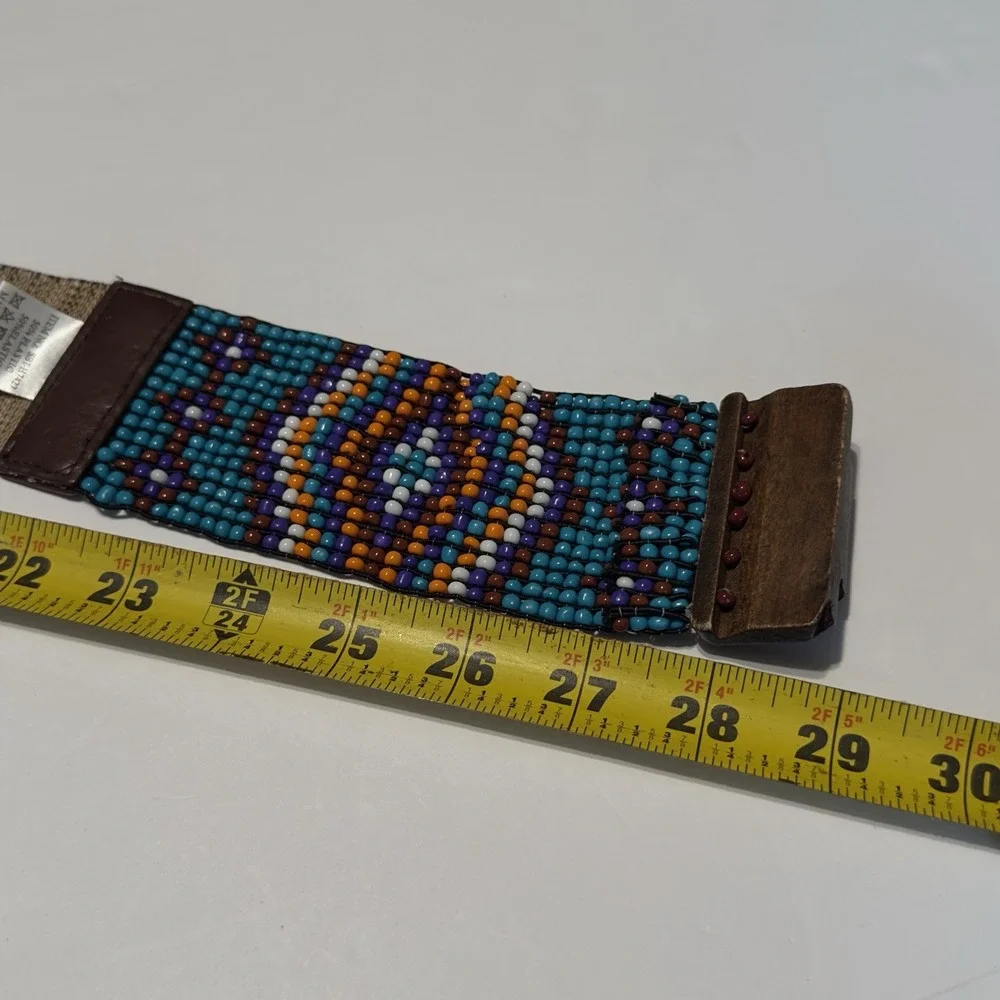 Turquoise‎ Beaded Stretch Belt Wooden Interlocking Buckle Bohemian Style